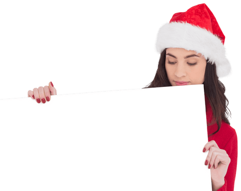 Brunette Woman in Santa Hat Holding Large Transparent Holiday Card