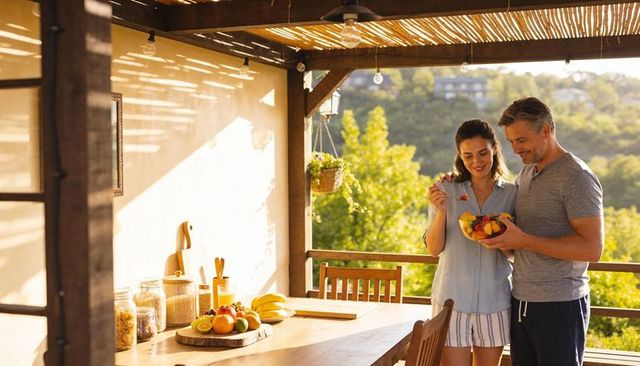 Couple Sharing Fresh Fruit Bowl on Sunny Terrace Under Pergola, Intimate Morning Moment