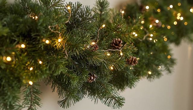 Evergreen garland on mantel with warm led string lights, pine cones and bokeh