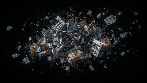 Deconstructed architectural elements suspended in void