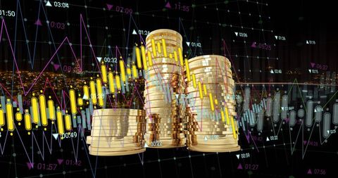 Gold Coins with Financial Chart Overlay on Night Background