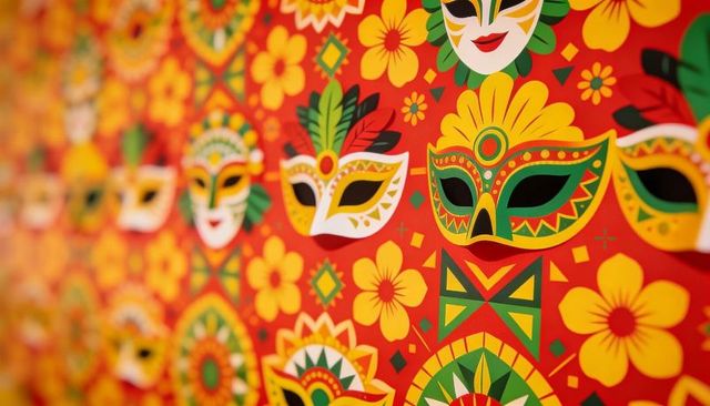 Vibrant carnival mask pattern on red festive textile with floral medallions, geometric motifs