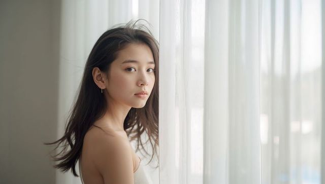 Serene asian woman standing by sheer curtain in sunlit interior soft natural light portrait