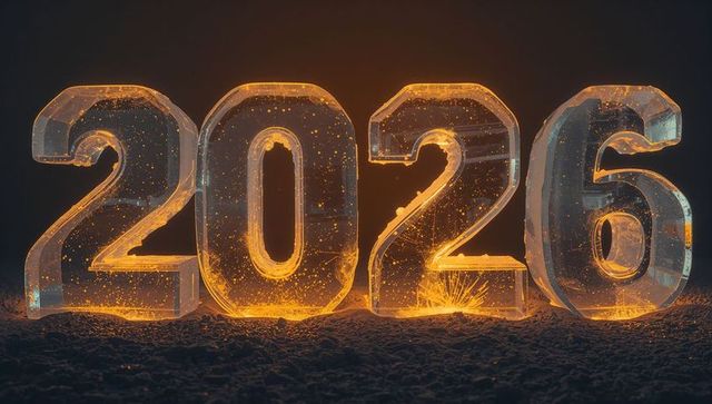 Glowing crystal 2026 numerals casting amber radiance over frost-covered ground at night