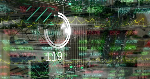 Futuristic Stock Market Data Overlay on Cityscape