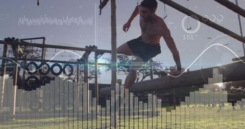 Shirtless athlete vaulting wooden obstacle training park with hud fitness metrics overlay