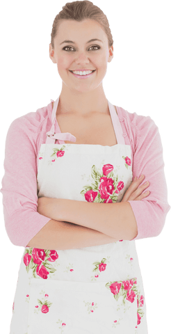 Smiling woman with floral apron on transparent background