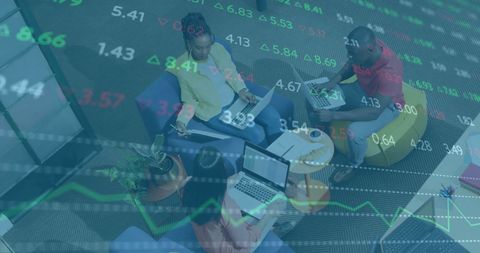 Team Collaborating with Financial Analytics Data Overlay