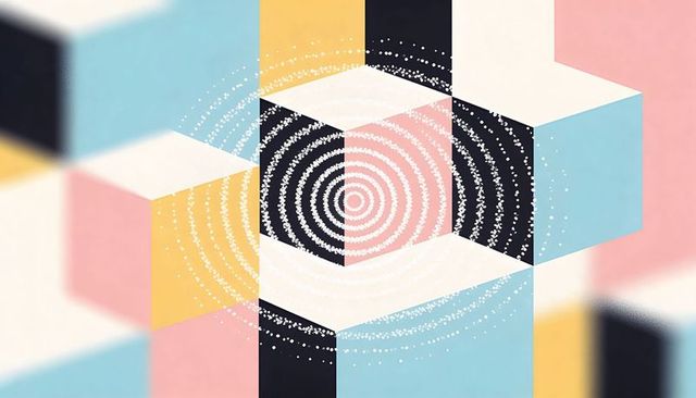 Featuring central hexagon of isometric cubes with concentric dotted rings pastel geometric