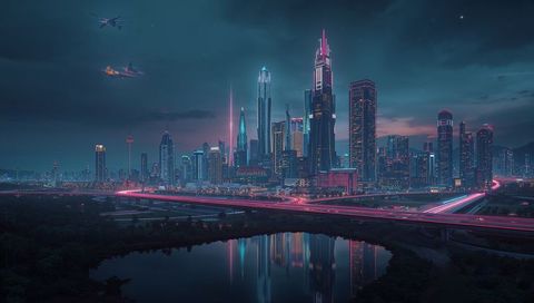 Neon cyber city skyline featuring futuristic skyscrapers, light trails and river reflections