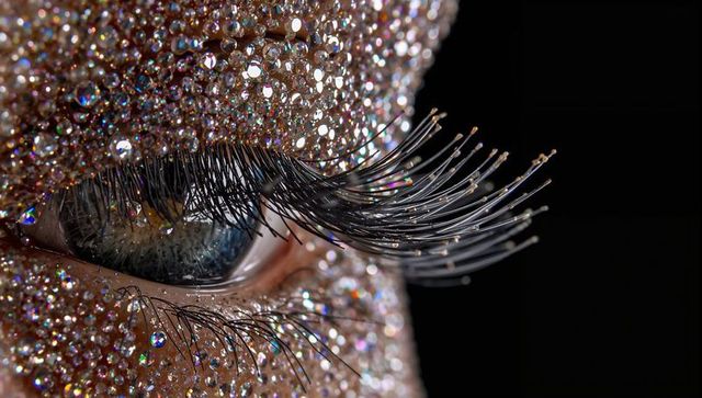 Macro teal iris showing crystal rhinestone makeup and dramatic glitter lash extensions