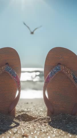 Vertical Beach Video: Flip-Flops Framing Sandy Shore with Seagull Flying over Shimmering Sea