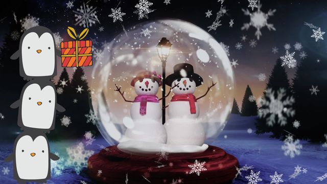 This enchanting Christmas-themed illustration features a charming snow couple inside a classic snow globe. The gentle falling snowflakes create a magical winter wonderland, making it perfect for holiday cards, decorations, or screensavers. The surrounding elements like adorable penguins and cheerful holiday designs add to the festive spirit.