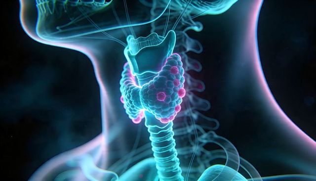 Visualizing thyroid gland with nodules in glowing 3D medical render with neon lighting