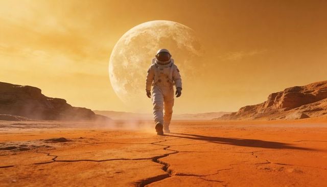 Astronaut Walking across Cracked Red Planet Plain beneath Giant Moon