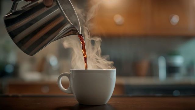 Steaming Coffee Poured in Cozy Kitchen Setting