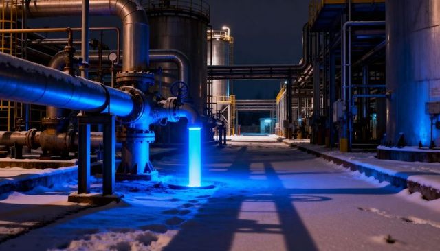 Blue-lit industrial plant walkway with snowy pipes, flanged valve and glowing column at night