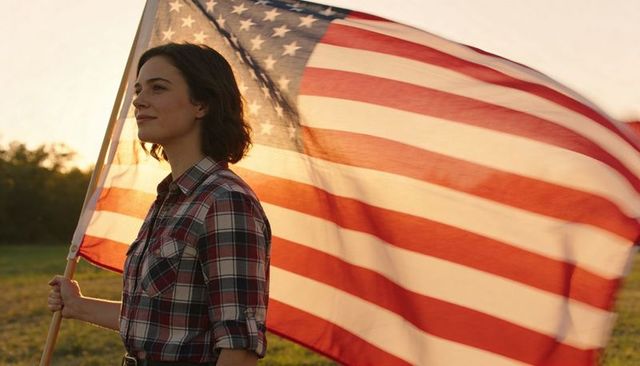 Young woman holding american flag at sunset in meadow, patriotic independence concept