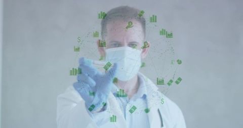 Doctor presenting holographic medical data while holding diagnostic vial, wearing mask, gloves