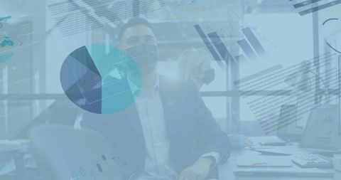 Business Professionals with Masks and Data Overlay in Modern Office