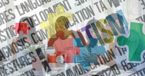 Collaborative diverse team meeting with autism awareness elements