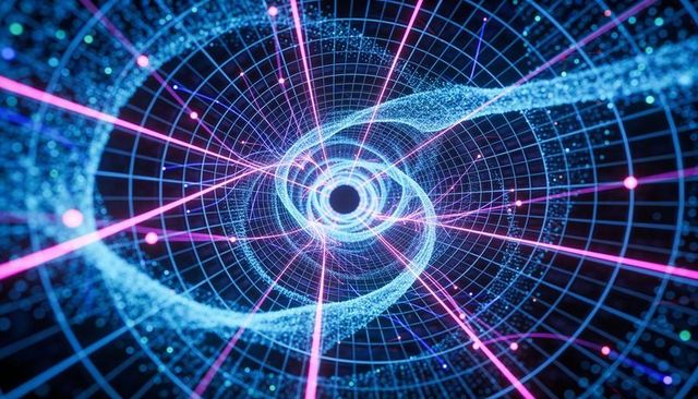 Neon data vortex spiraling wireframe tunnel converging on dark core futuristic grid ai