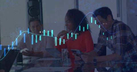 Financial Analytics Team Collaboration with Digital Chart Overlay