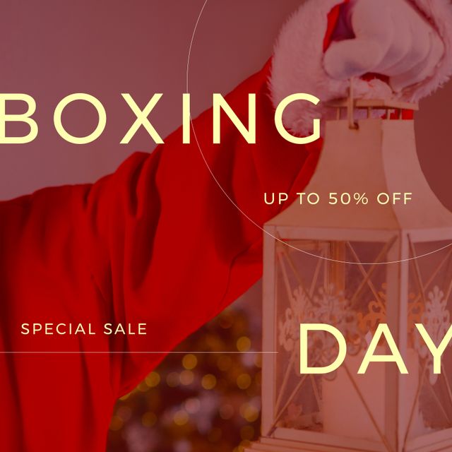 Square image of santa claus holding lanterns and boxing day up to 50 percent text. Boxing day campaign.