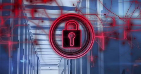 Futuristic cybersecurity concept with neon lock icon in data center
