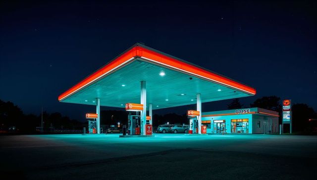 Neon-lit gas station forecourt glowing at night with turquoise canopy and red accents