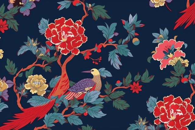 This intricate design features exotic birds perched on branches amidst a vibrant display of colorful flowers and leaves, inspired by traditional Asian art. The detailed patterns and rich colors make it an excellent choice for backgrounds, wallpapers, and textile designs. Perfect for use in creative projects, home decor, and digital artwork. Its classic, elegant style adds a touch of sophistication to any setting.