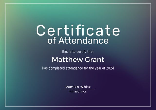 Elegant Certificate of Attendance featuring gradient background and sleek typography. Perfect for recognizing student or employee attendance achievements from 2024, suitable for schools, universities, and corporate settings.