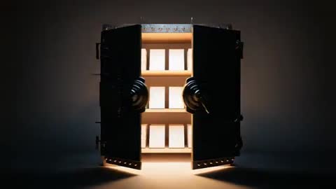 Dramatic Vault Opening Revealing Glowing Stacked Blocks on Illuminated Shelves