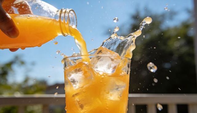 Sunlit orange juice pouring into ice-filled glass with dramatic splash on balcony