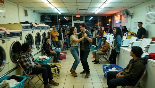 Late night laundromat dance couple turning laundry chore into romantic community moment
