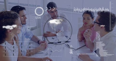 Business team analyzing global data with futuristic HUD overlay during strategic meeting