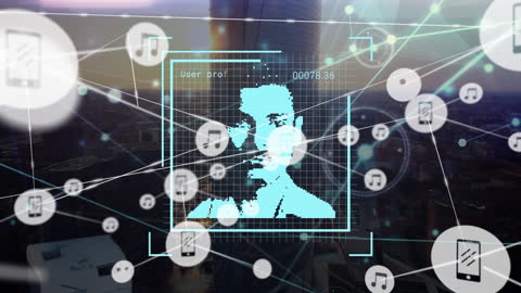 Digital Connections and Biometric Data Overlay on Cityscape