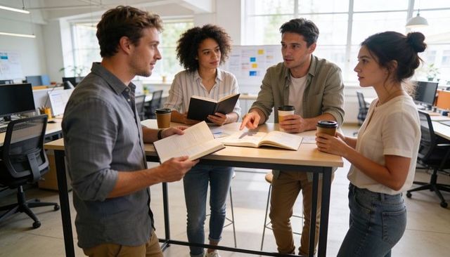 Multicultural Young Team Brainstorming Around High Table in Bright Open Office Workspace