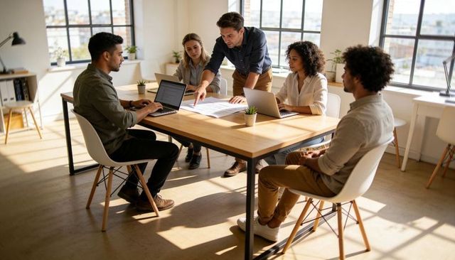 Team collaborating around table reviewing documents and laptops in sunlit modern office