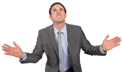 Frustrated Businessman with Raised Hands Transparent Background