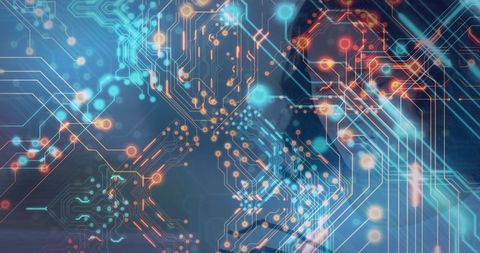 Glowing neural circuit network streaming over blurred silhouette in cyan and orange tones