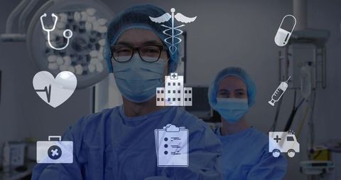 Confident Surgeon in Operating Room Surrounded by Medical Icons