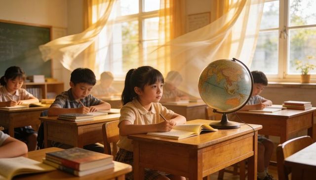 Sunlit classroom featuring schoolgirl writing at desk beside globe and stacked textbooks