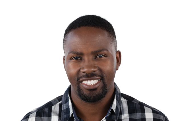 Portrait of happy man standing against white background