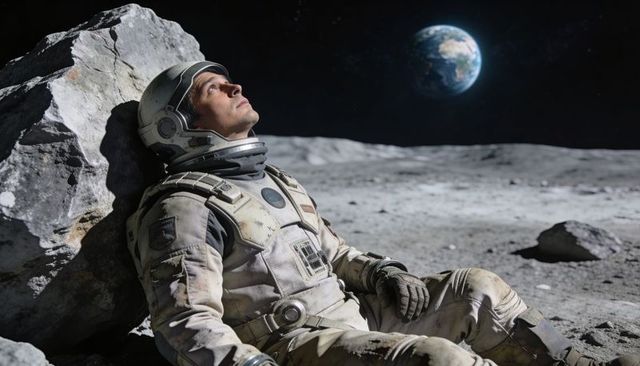 Leaning astronaut gazing at earth rising over lunar horizon in worn spacesuit, solitude and contempl
