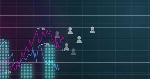 Displaying magenta and cyan line charts with teal dot bars and avatar icons on dashboard
