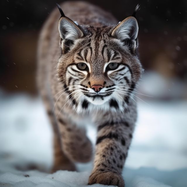 Young bobcat walking confidently on snowy ground in winter. Majestic and focused, it represents wildlife's beauty and adaptiveness during winter. Ideal for use in wildlife conservation campaigns, educational materials on natural habitats, or desktop backgrounds celebrating nature.