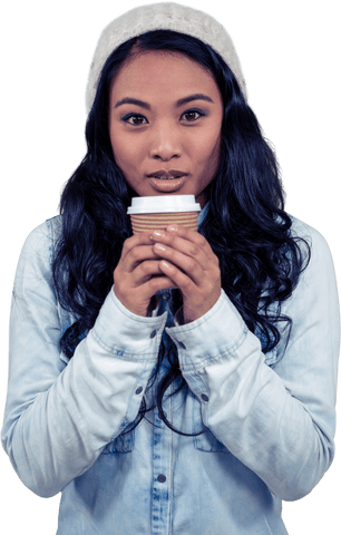 Asian Woman Holding Coffee Cup Wearing Denim Jacket Transparent Background