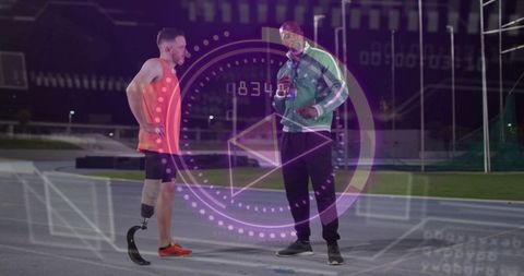 Coach speaking into mic while athlete with carbon running blade on night track with hud overlay