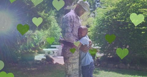 Loving Embrace of Soldier Father and Son Outdoors